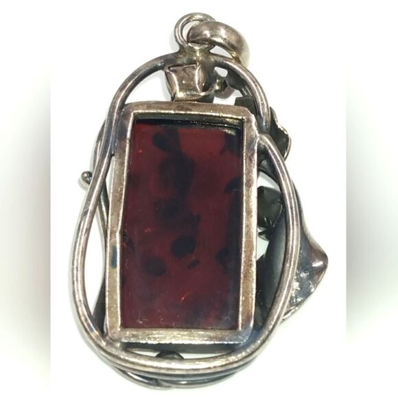 Baltic Amber Sterling Silver Art Nouveau Floral Pendant Vintage - Picture 12 of 16